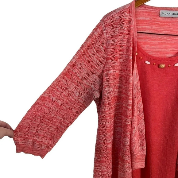 Sag Harbor Pink Layered Top Beaded Neck 3/4 Sleeve Knit Round Neck Pullover - Picture 2 of 8